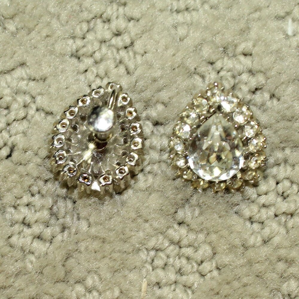 Vintage Large 1" Teardrop Clear Rhinestone Screw Back Clip On Earrings